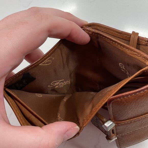 Fossil Genuine Leather Compact Trifold Wallet Brown and Silver - Picture 10 of 11